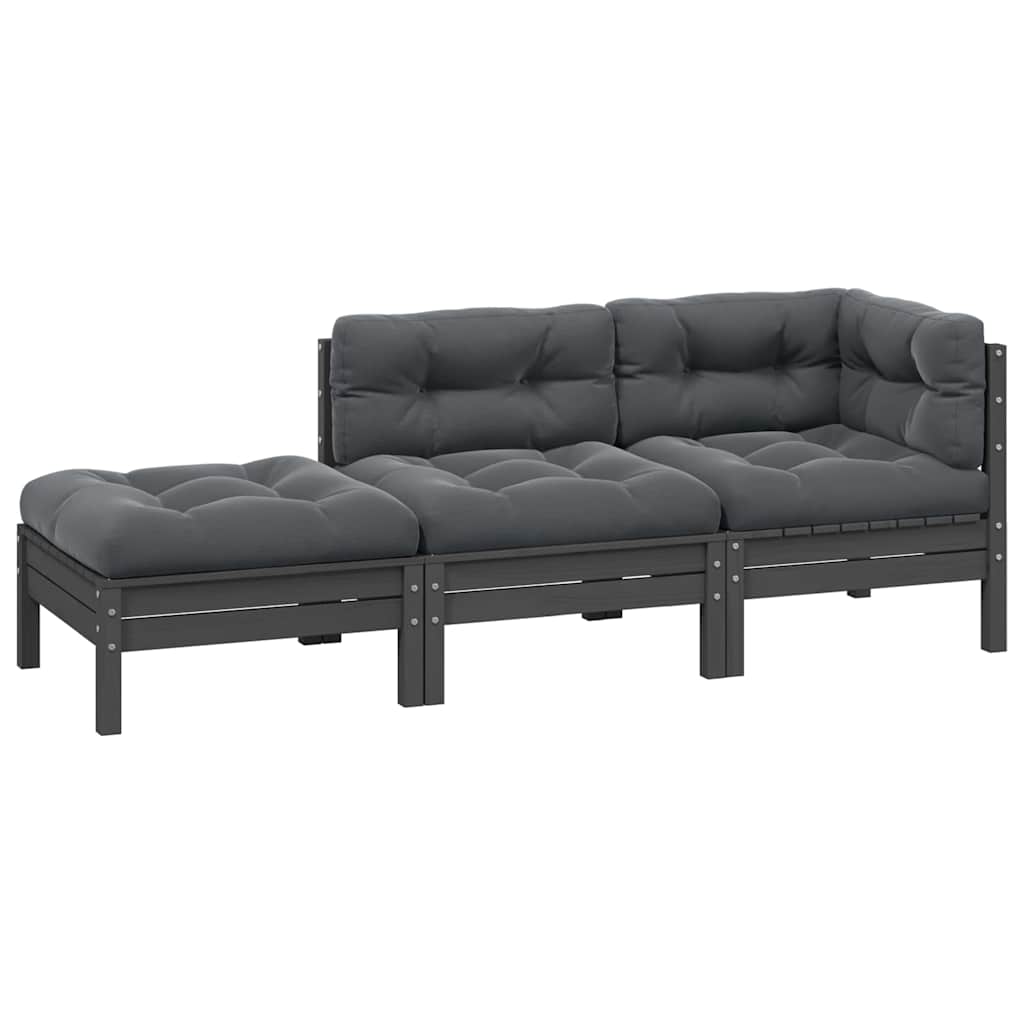 3-tlg. Garten-Lounge-Set mit Kissen Grau Kiefer Massivholz