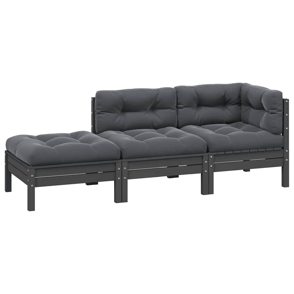 3-tlg. Garten-Lounge-Set mit Kissen Grau Kiefer Massivholz