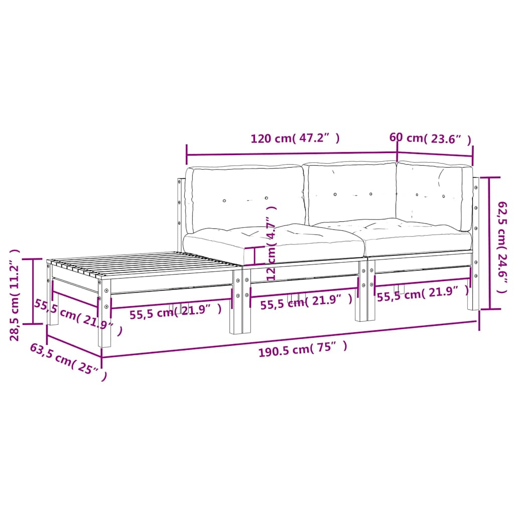 3-tlg. Garten-Lounge-Set mit Kissen in Grau Kiefer Massivholz
