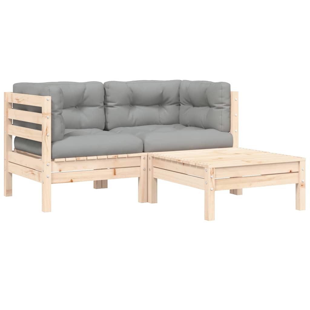 3-tlg. Garten-Lounge-Set mit Grauen Kissen Kiefer Massivholz