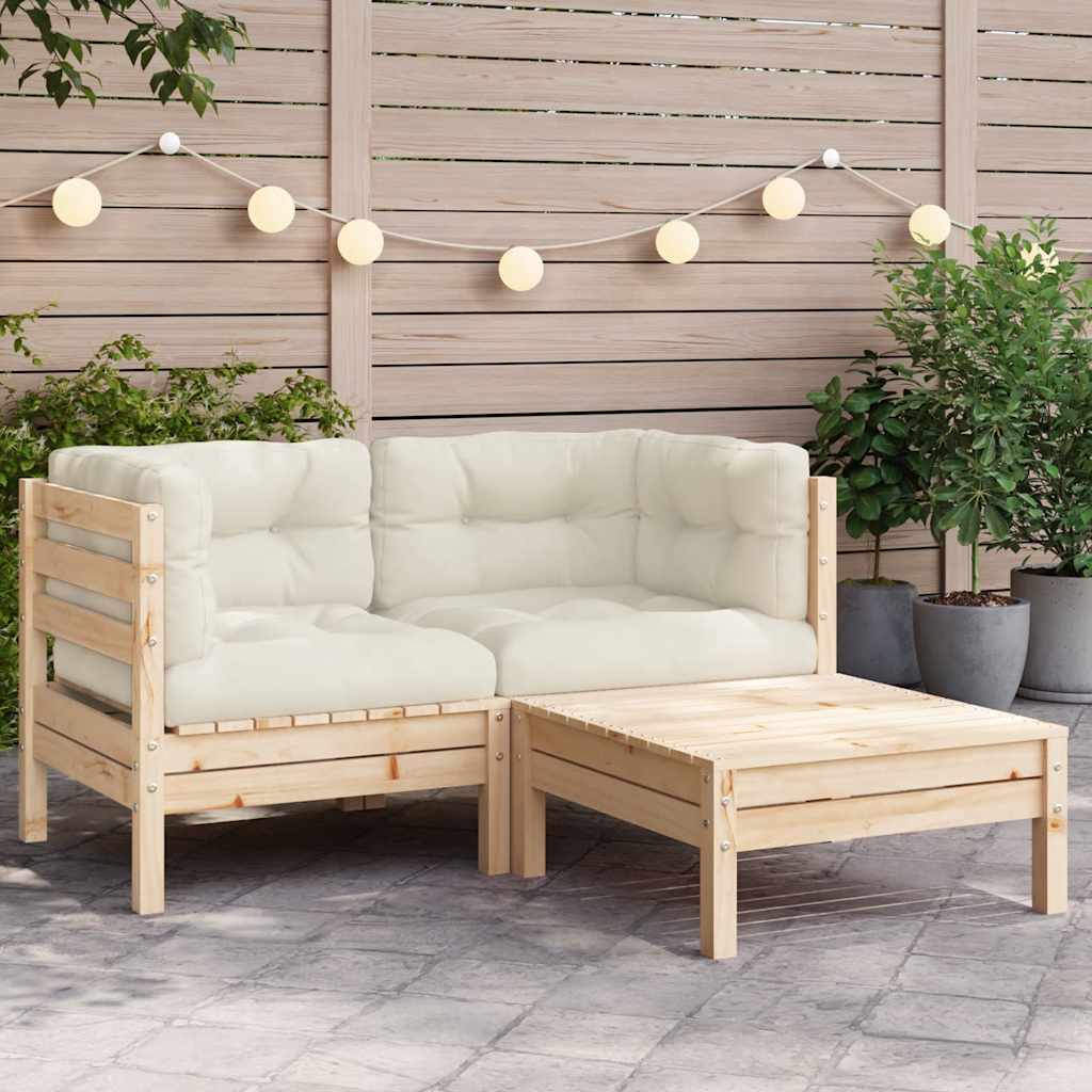3-tlg. Garten-Lounge-Set mit Kissen in Creme Massivholz Kiefer