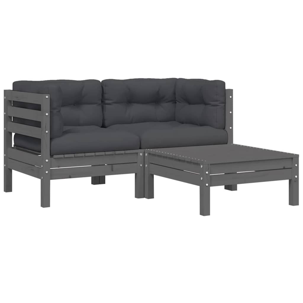 3-tlg. Garten-Lounge-Set mit Kissen Grau Kiefer Massivholz