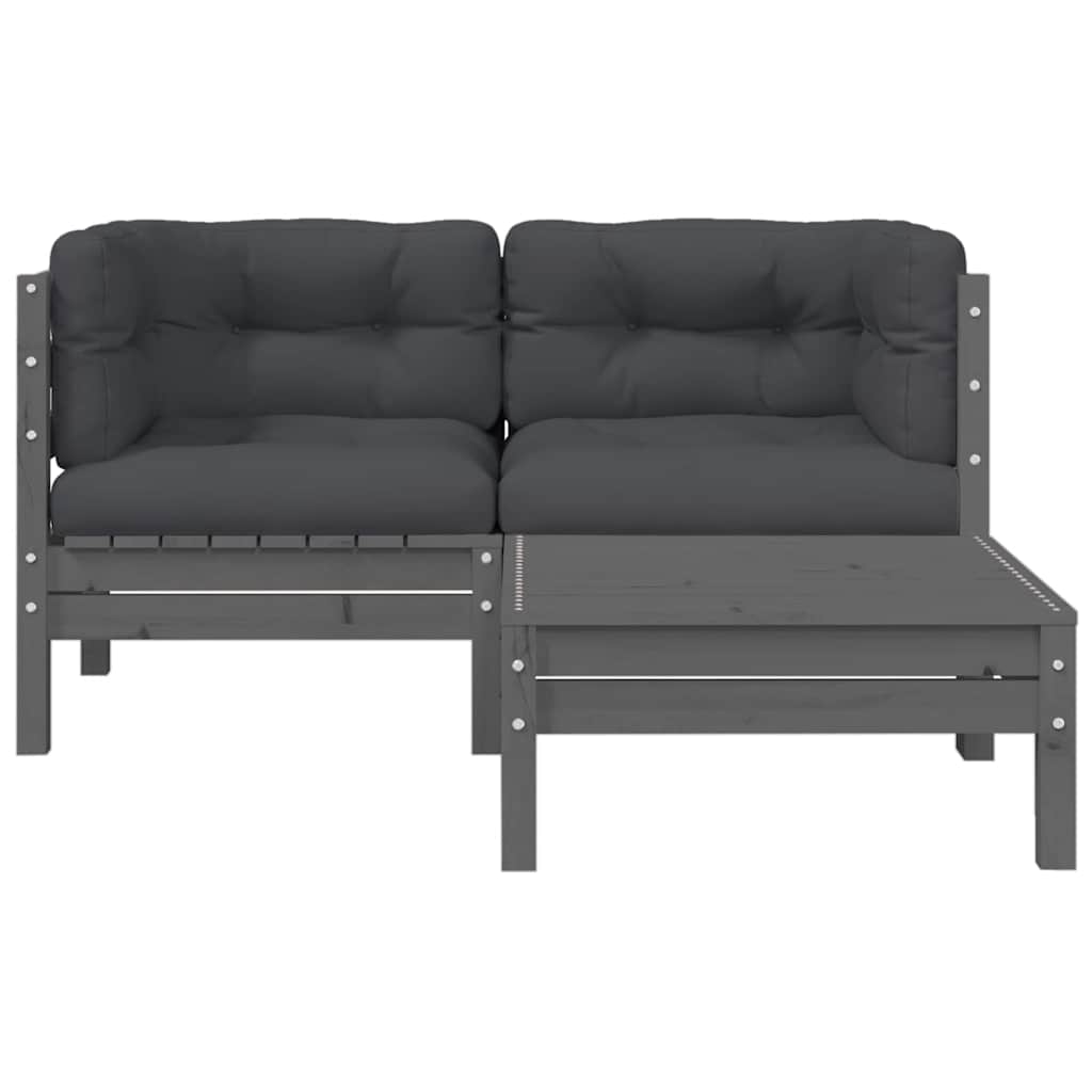 3-tlg. Garten-Lounge-Set mit Kissen Grau Kiefer Massivholz