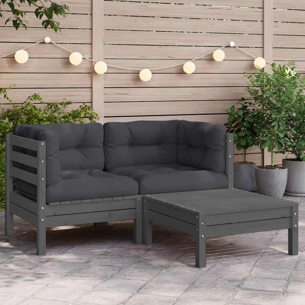 3-tlg. Garten-Lounge-Set mit Kissen Grau Kiefer Massivholz
