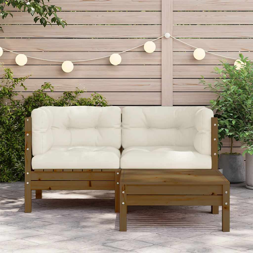 3-tlg. Garten-Lounge-Set mit Creme Kissen Massivholz Kiefer