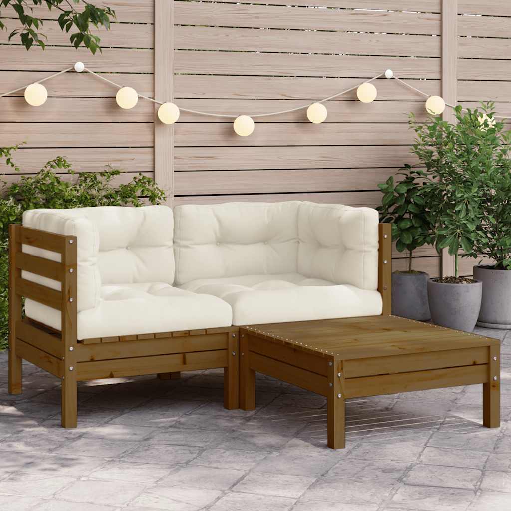 3-tlg. Garten-Lounge-Set mit Creme Kissen Massivholz Kiefer