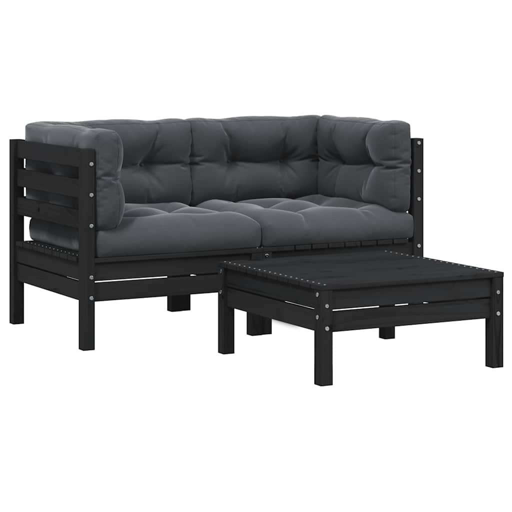 3-tlg. Garten-Lounge-Set mit Kissen Schwarz Massivholz Kiefer