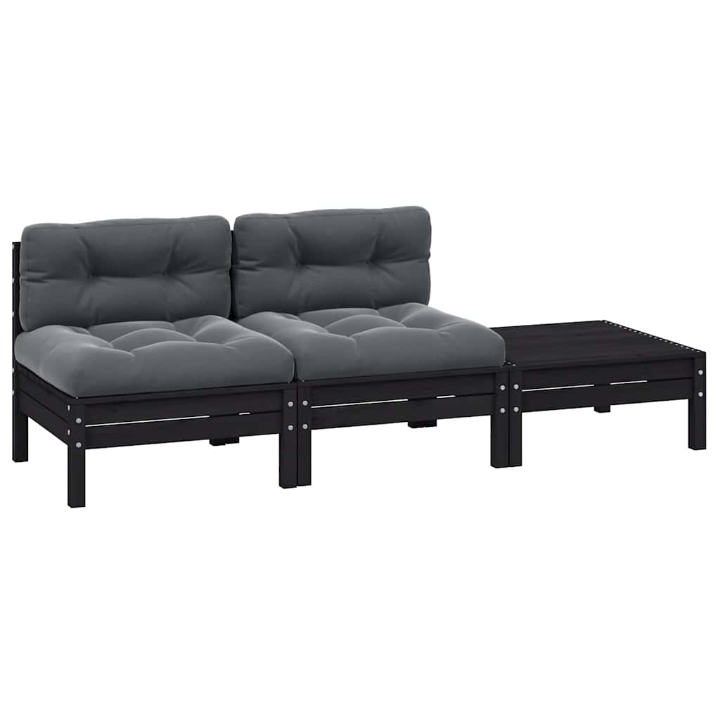 3-tlg. Garten-Lounge-Set mit Kissen Schwarz Kiefer Massivholz