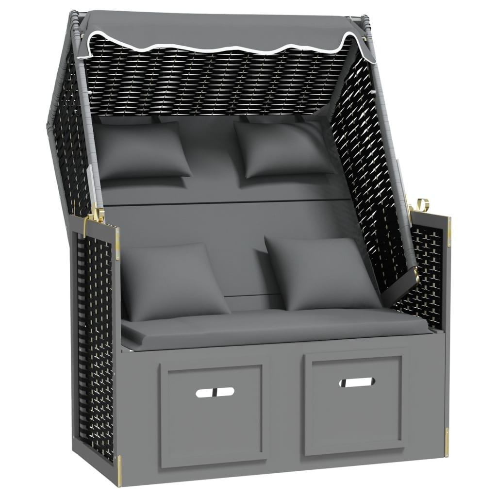 Strandkorb mit Kissen Poly Rattan Massivholz Anthrazit Schwarz