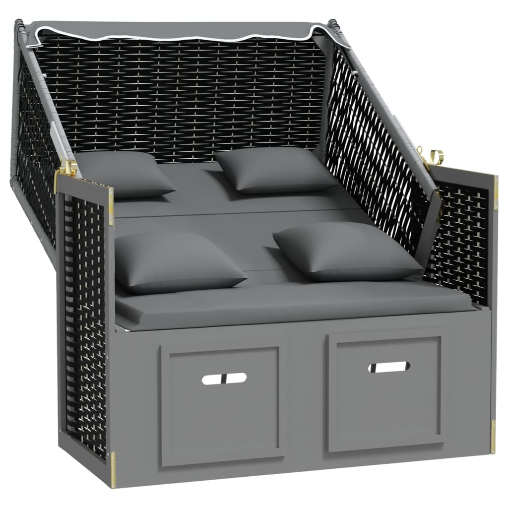 Strandkorb mit Kissen Poly Rattan Massivholz Anthrazit Schwarz