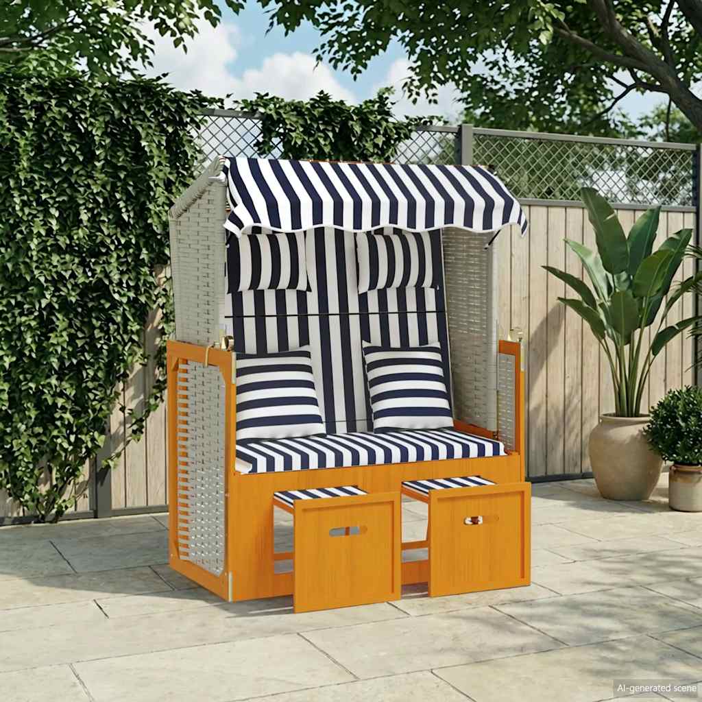 Strandkorb mit Kissen Poly Rattan & Massivholz Weiß & Blau