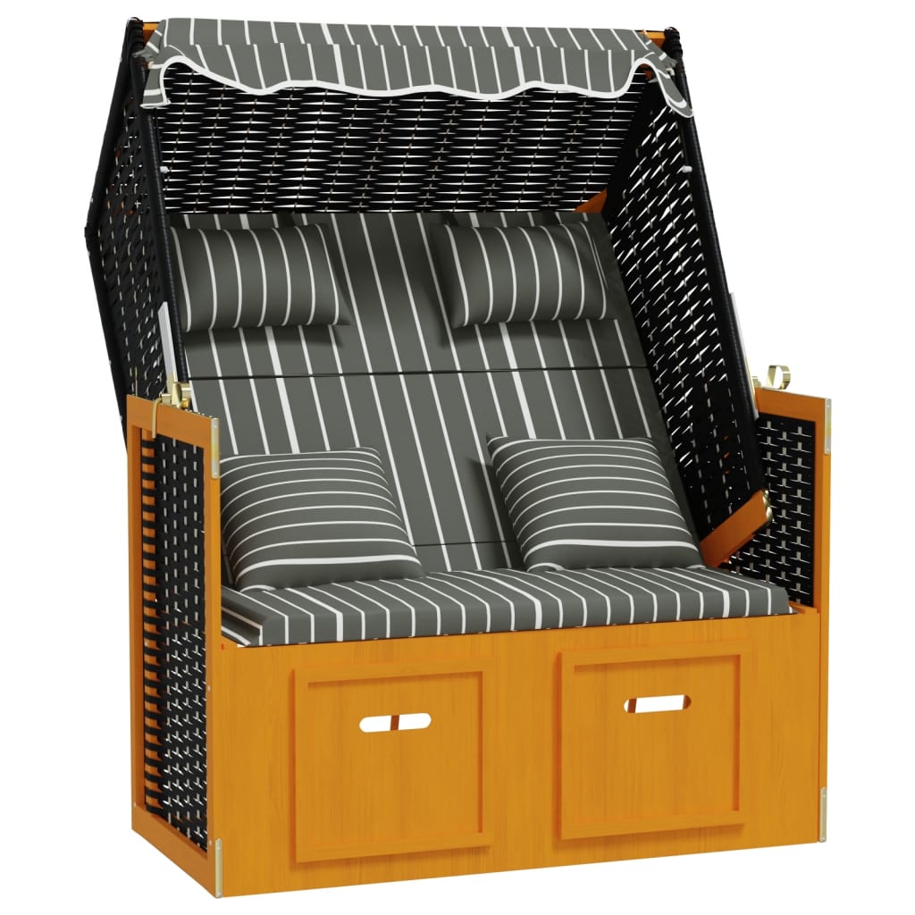 Strandkorb mit Kissen Poly Rattan & Massivholz Schwarz & Grau