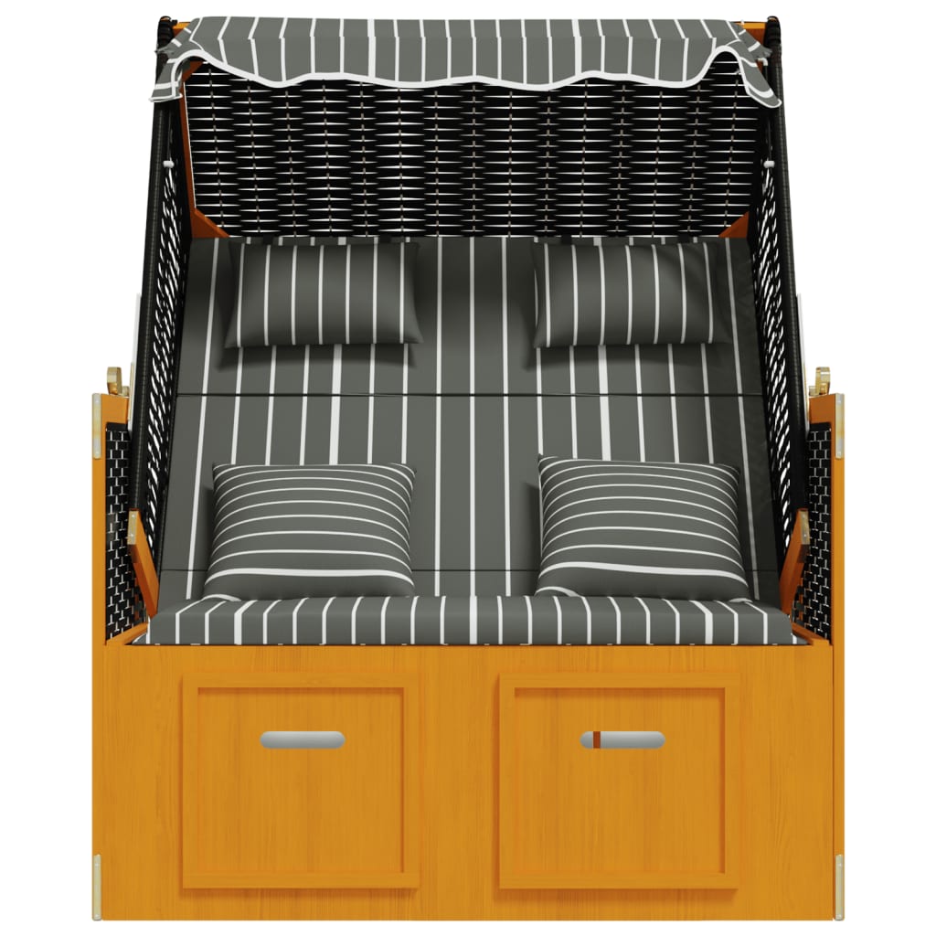 Strandkorb mit Kissen Poly Rattan & Massivholz Schwarz & Grau