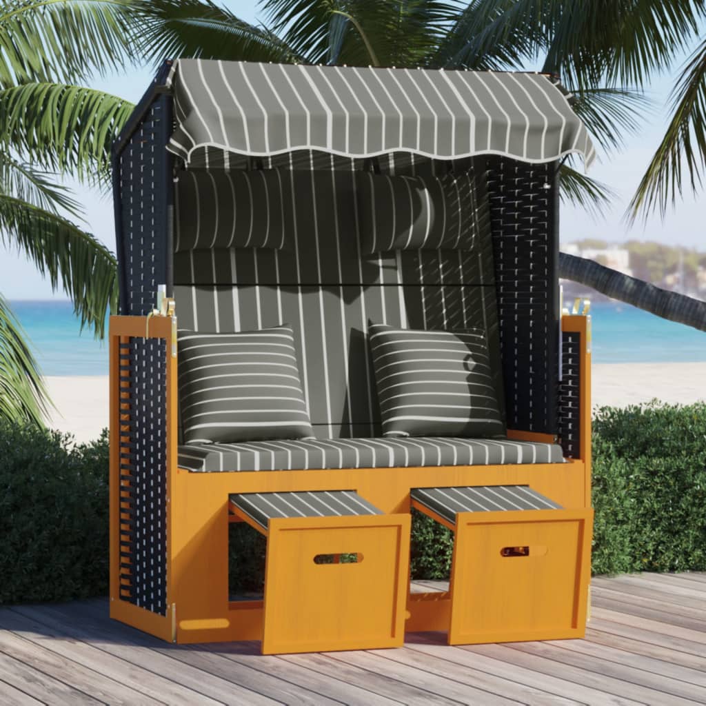 Strandkorb mit Kissen Poly Rattan & Massivholz Schwarz & Grau