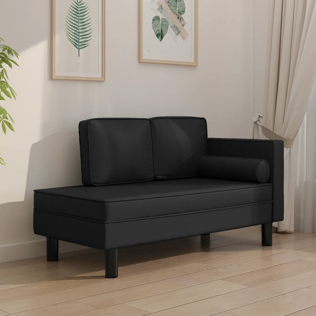 Chaiselongue mit Kissen und Nackenrolle Schwarz Kunstleder