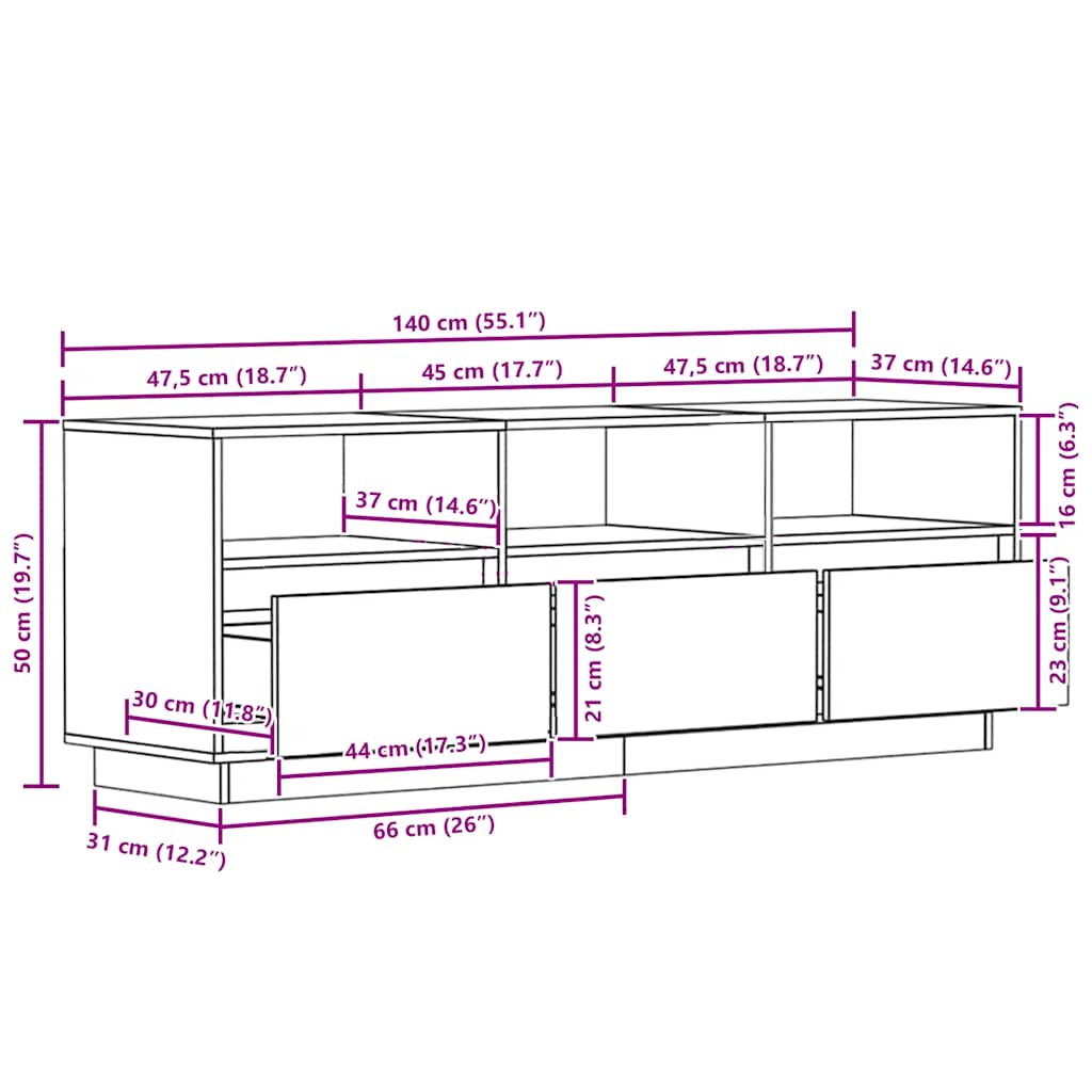 TV-Schrank Weiß 140x37x50 cm Massivholz Kiefer