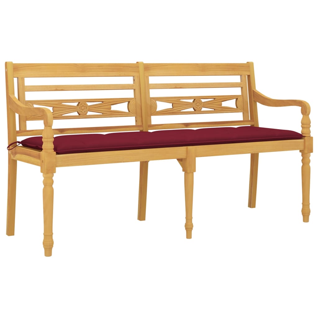 Batavia-Bank mit Weinrotem Kissen 150 cm Massivholz Teak