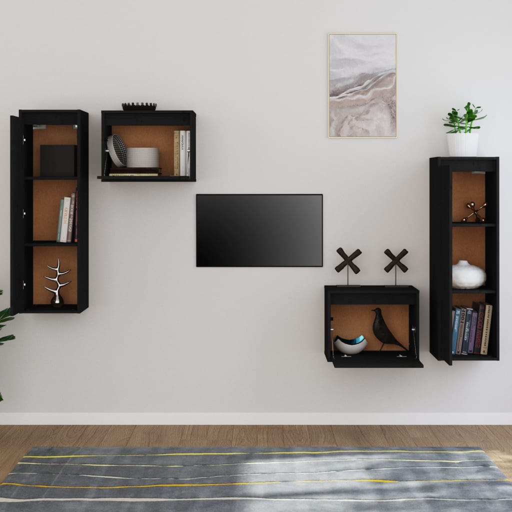 TV-Schränke 4 Stk. Schwarz Massivholz Kiefer