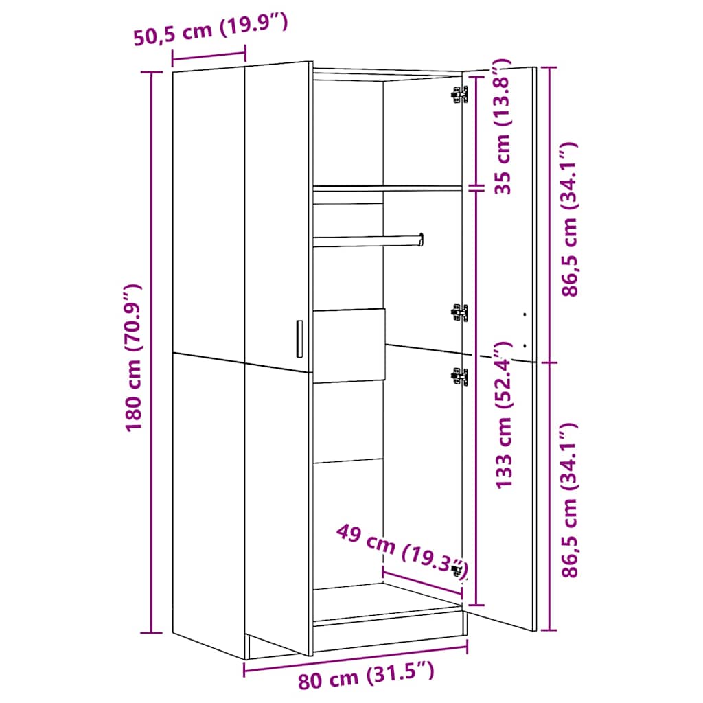 Kleiderschrank Braun Eichen-Optik 80x52x180 cm Holzwerkstoff