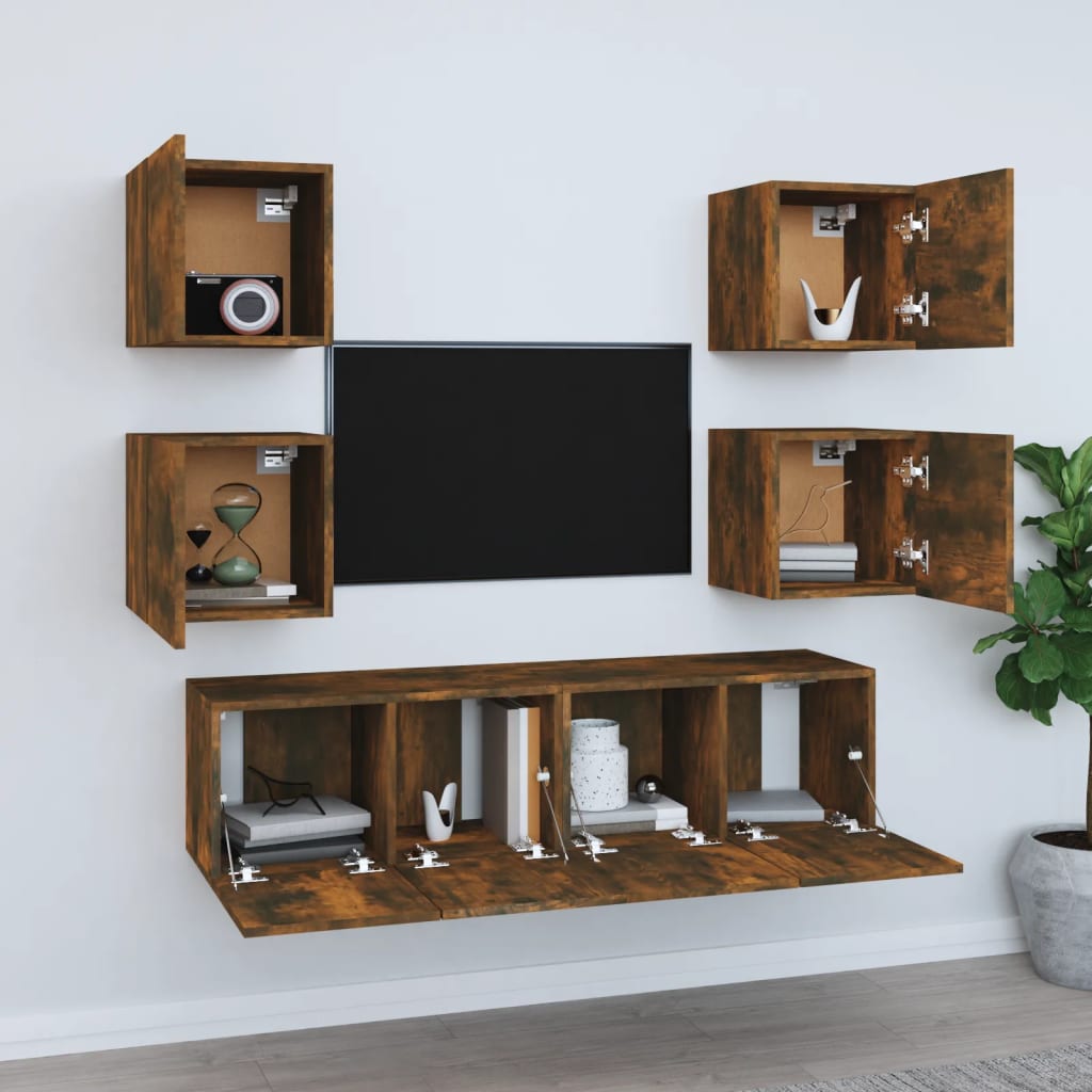 6-tlg. TV-Schrank-Set Räuchereiche Holzwerkstoff