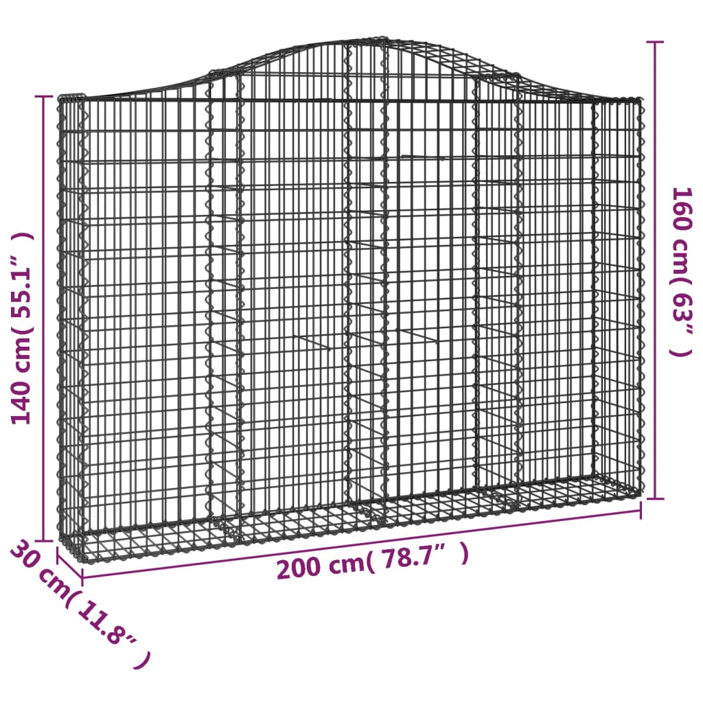 Gabionen mit Hochbogen 2 Stk. 200x30x140/160cm Verzinktes Eisen