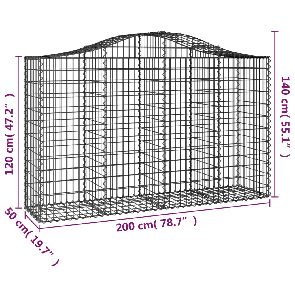 Gabionen mit Hochbogen 3 Stk. 200x50x120/140cm Verzinktes Eisen