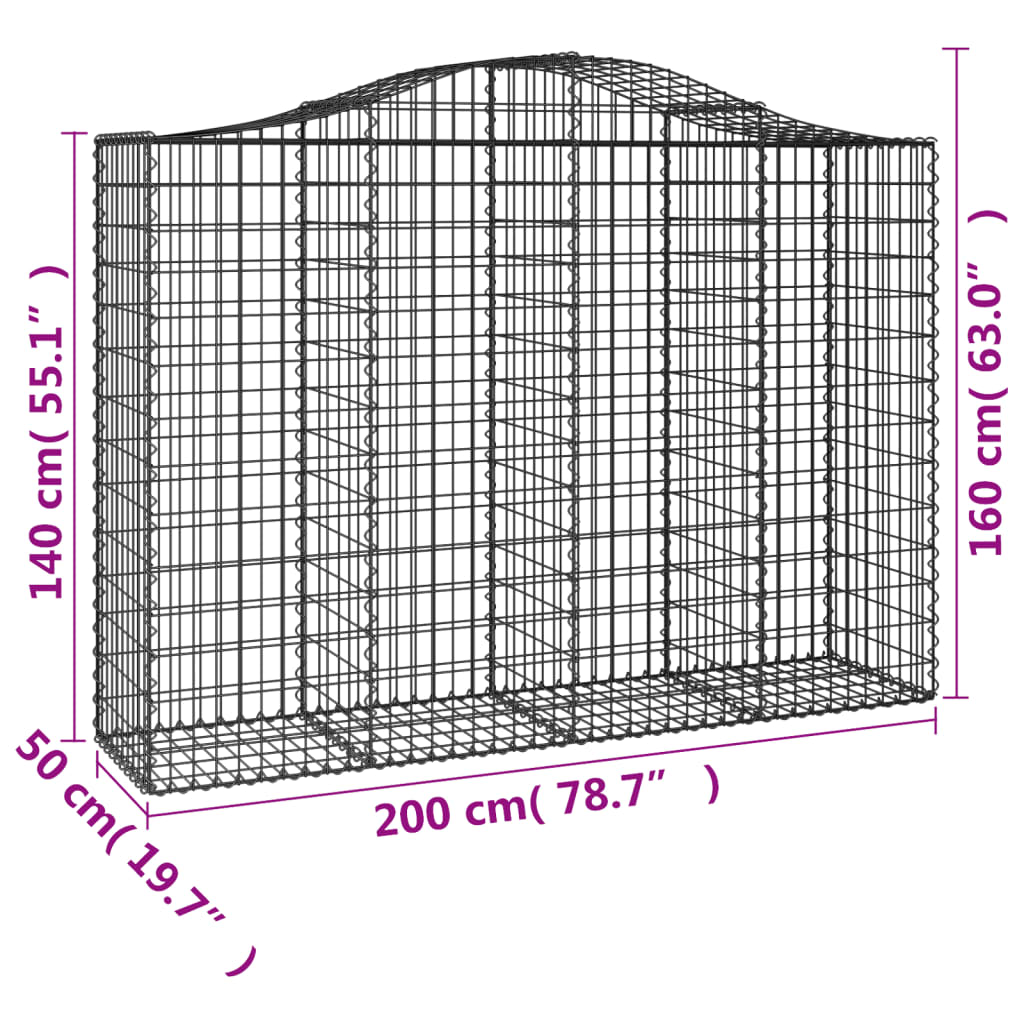 Gabionen mit Hochbogen 14Stk. 200x50x140/160cm Verzinktes Eisen