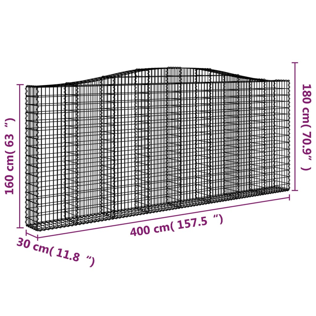 Gabionen mit Hochbogen 2 Stk. 400x30x160/180cm Verzinktes Eisen