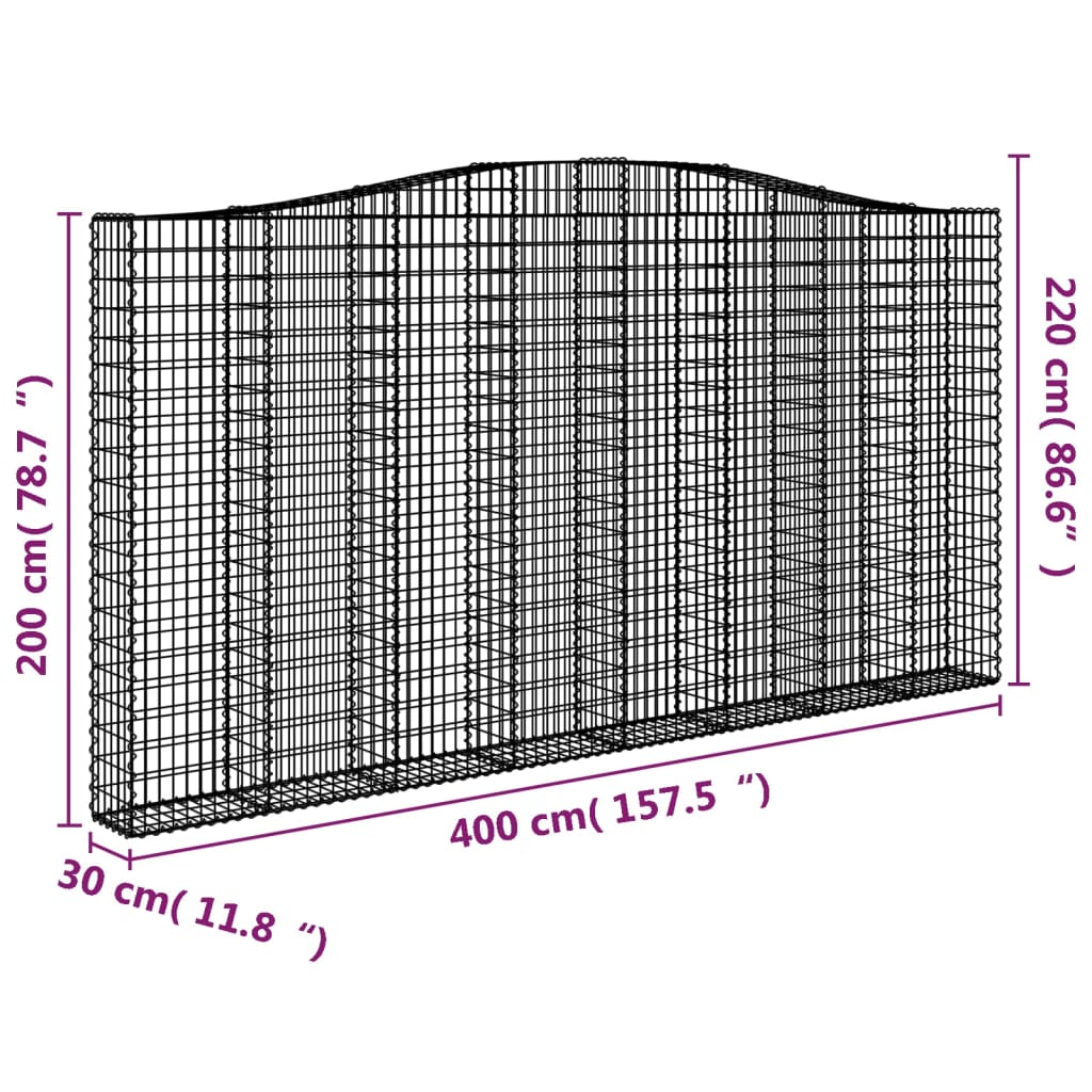Gabionen mit Hochbogen 3 Stk. 400x30x200/220cm Verzinktes Eisen