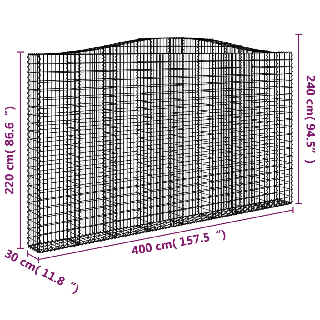 Gabionen mit Hochbogen 4 Stk. 400x30x220/240cm Verzinktes Eisen