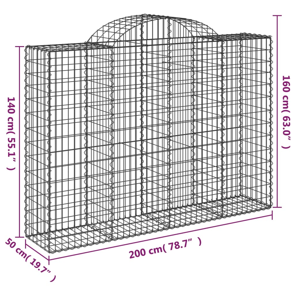 Gabionen mit Hochbogen 13Stk. 200x50x140/160cm Verzinktes Eisen