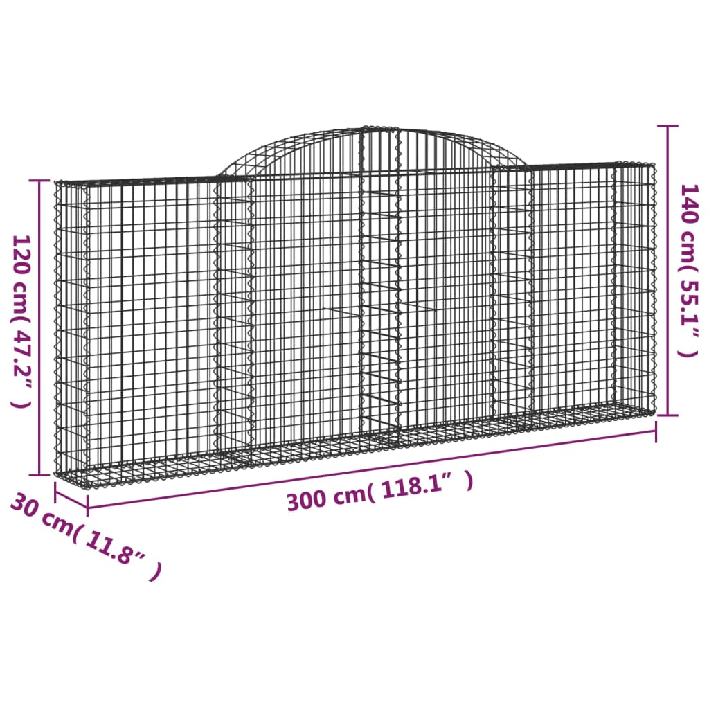Gabionen mit Hochbogen 7 Stk. 300x30x120/140cm Verzinktes Eisen