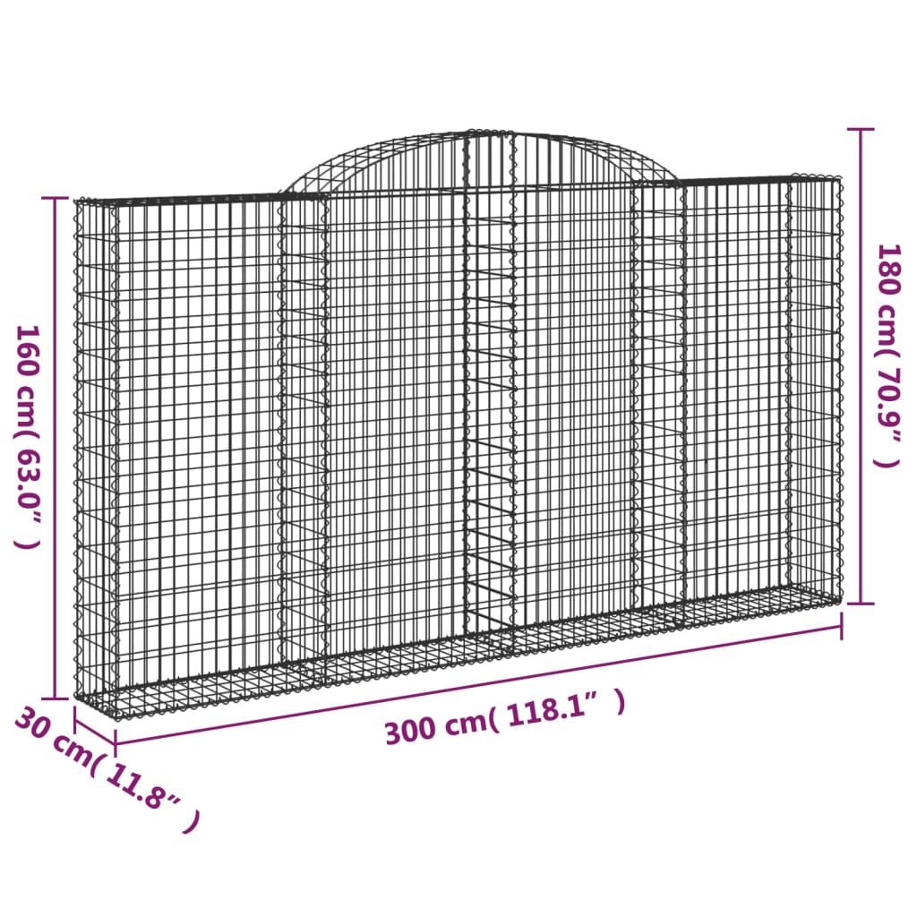 Gabionen mit Hochbogen 11 Stk 300x30x160/180cm Verzinktes Eisen