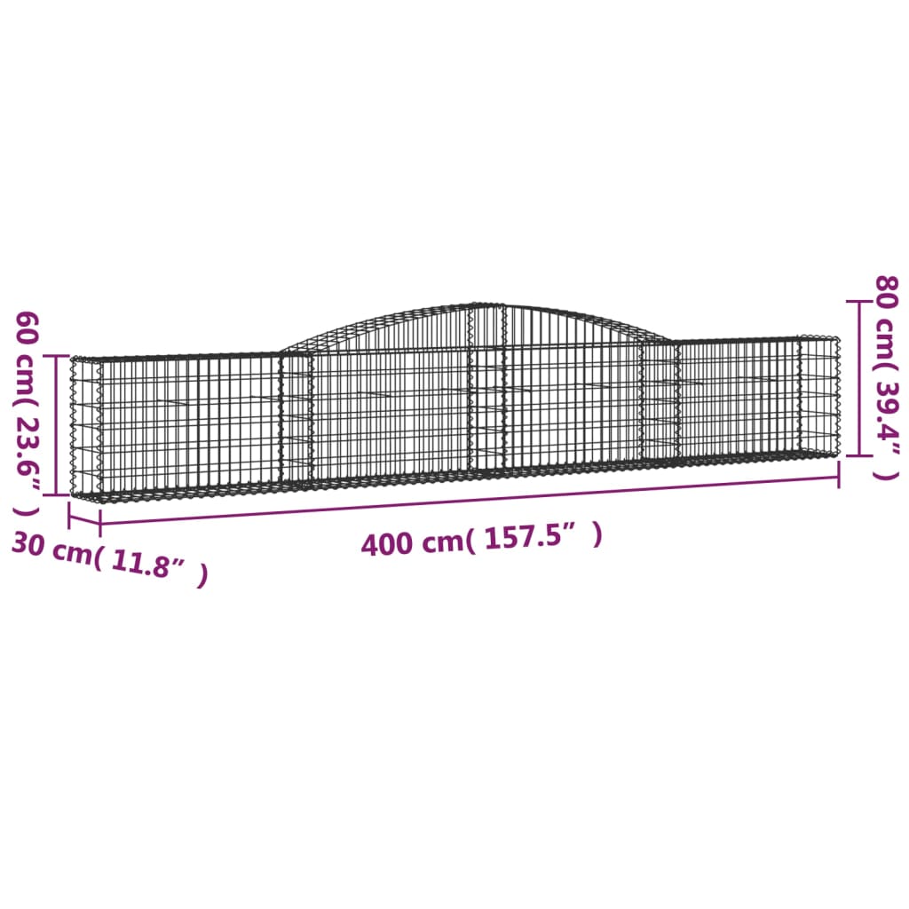 Gabionen mit Hochbogen 20 Stk. 400x30x60/80 cm Verzinktes Eisen