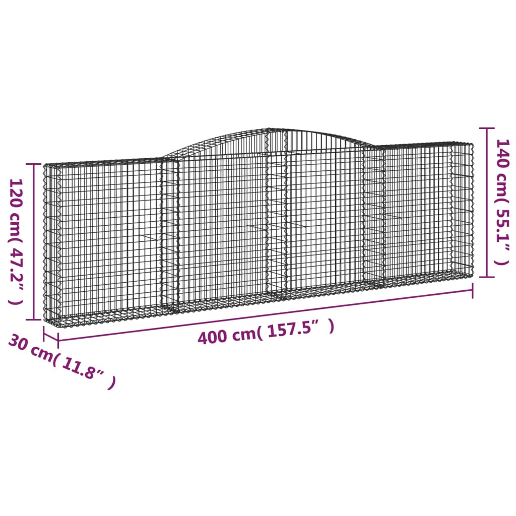 Gabionen mit Hochbogen 8 Stk. 400x30x120/140cm Verzinktes Eisen