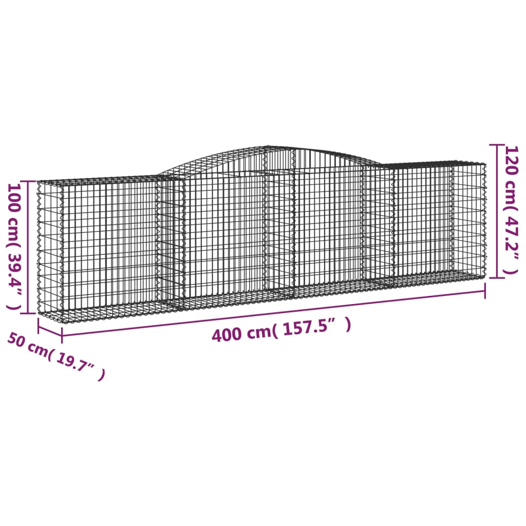 Gabionen mit Hochbogen 3 Stk. 400x50x100/120cm Verzinktes Eisen