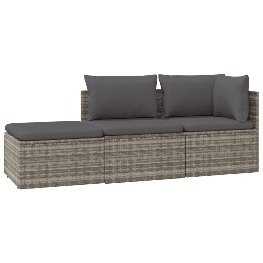 3-tlg. Garten-Lounge-Set mit Kissen Grau Poly Rattan