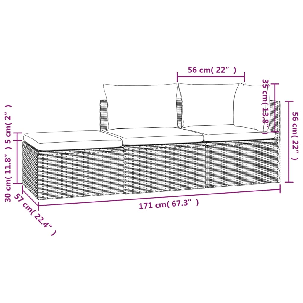 3-tlg. Garten-Lounge-Set mit Kissen Grau Poly Rattan