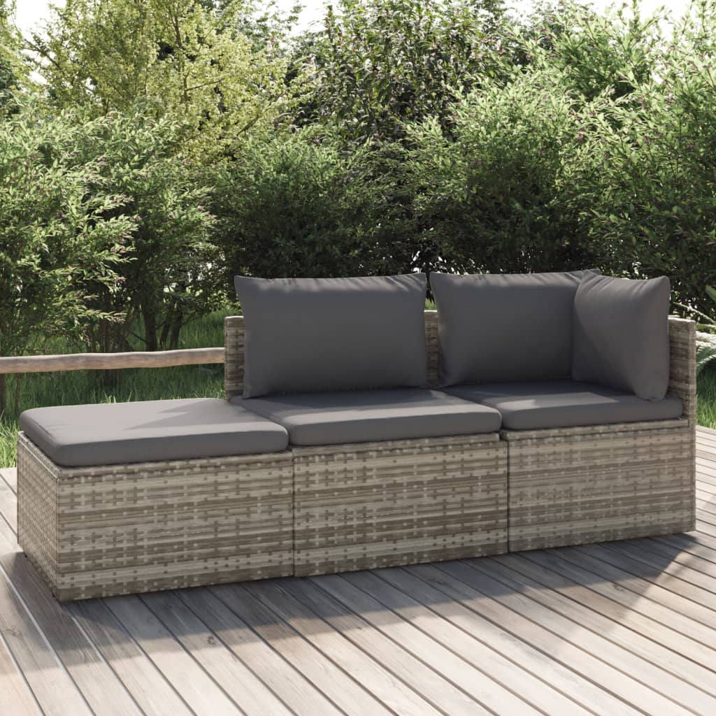 3-tlg. Garten-Lounge-Set mit Kissen Grau Poly Rattan