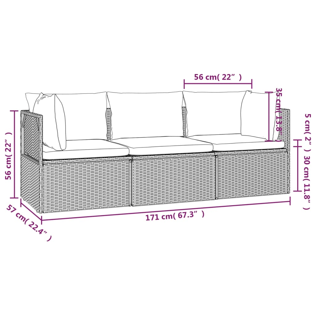 3-tlg. Garten-Lounge-Set mit Kissen Grau Poly Rattan