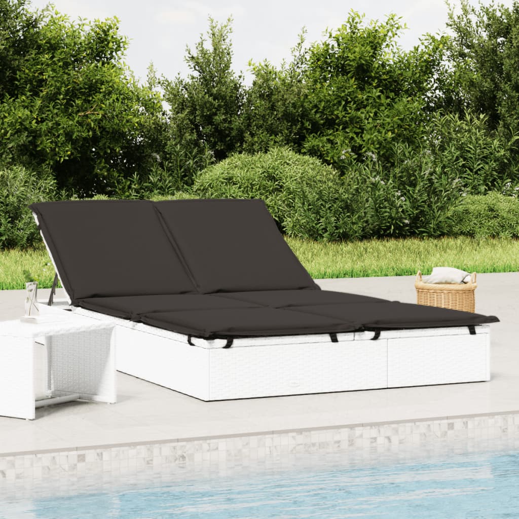 Sonnenliege für 2 Personen mit Kissen Weiß Poly Rattan