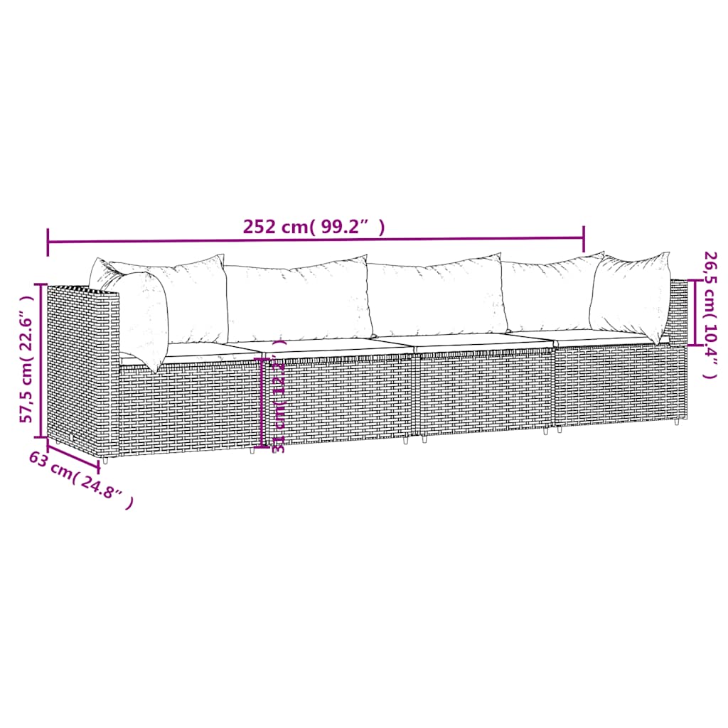 4-tlg. Garten-Lounge-Set mit Kissen Schwarz Poly Rattan