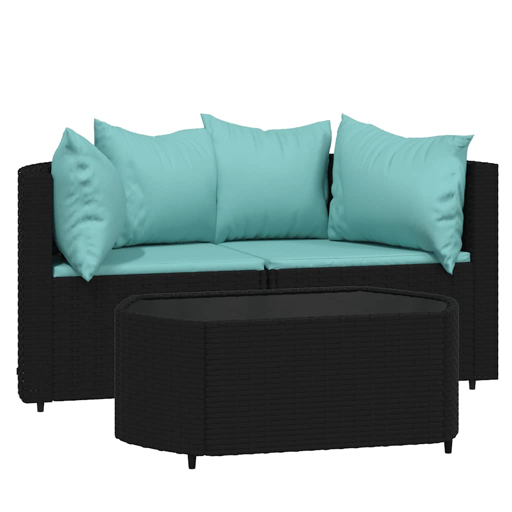 3-tlg. Garten-Lounge-Set mit Kissen Schwarz Poly Rattan