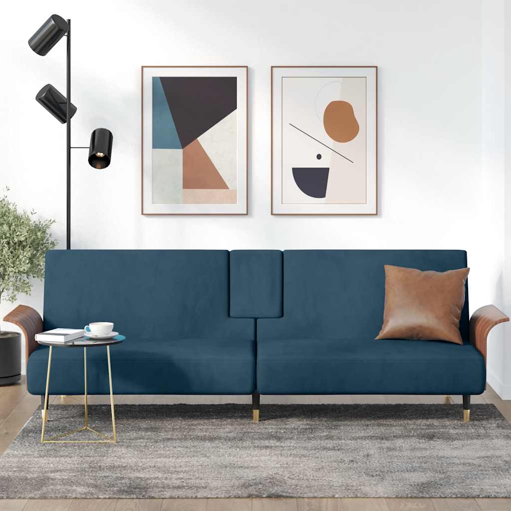 Schlafsofa mit Getränkehaltern Blau Samt