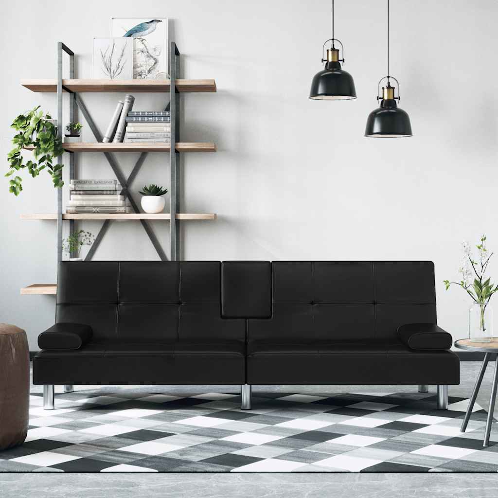 Schlafsofa mit Getränkehaltern Schwarz Kunstleder