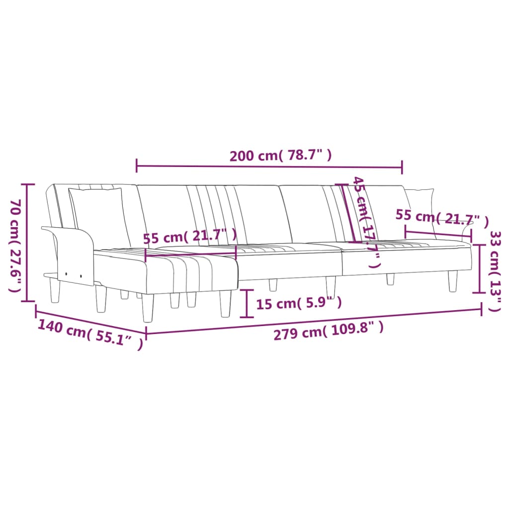 Schlafsofa in L-Form Schwarz 279x140x70 cm Stoff