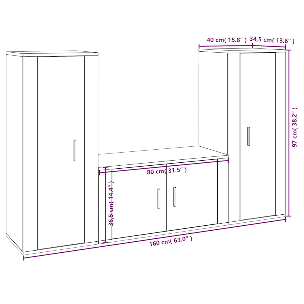 3-tlg. TV-Schrank-Set Räuchereiche Holzwerkstoff