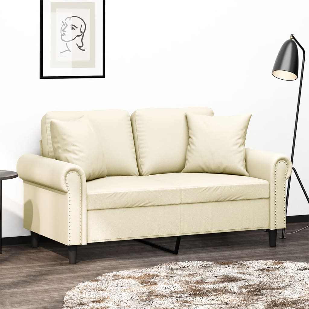 2-Sitzer-Sofa mit Zierkissen Creme 120 cm Kunstleder