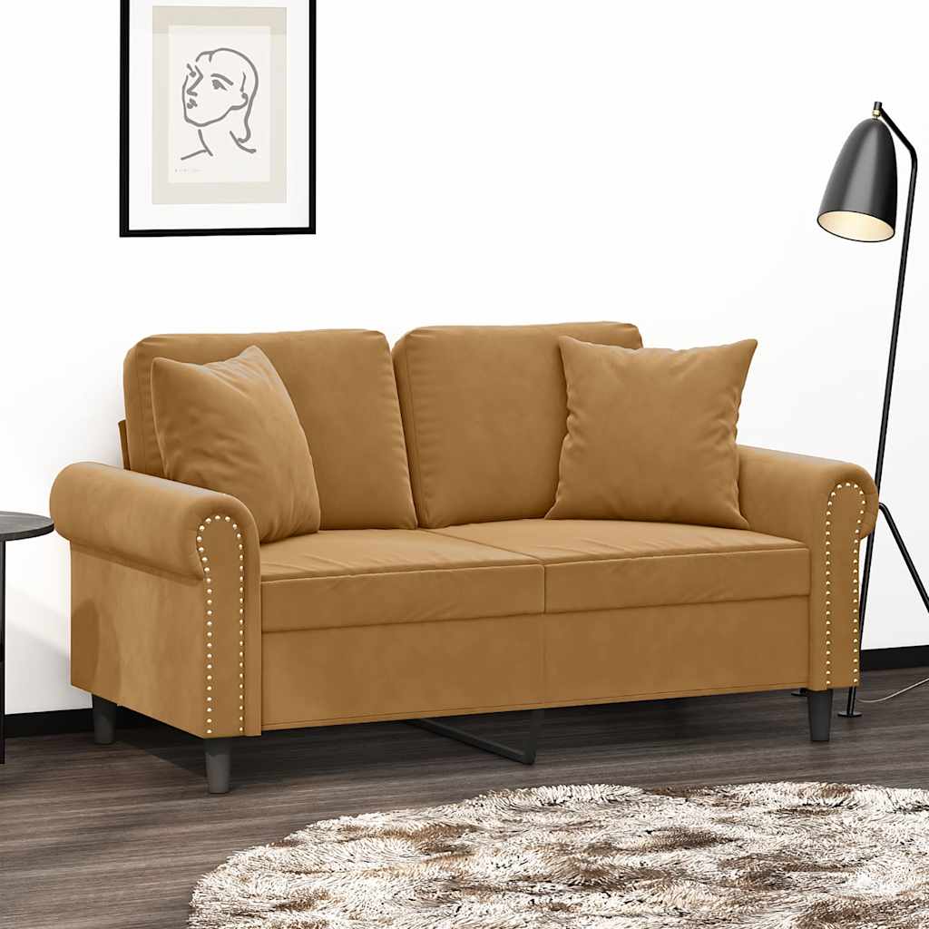 2-Sitzer-Sofa mit Zierkissen Braun 120 cm Samt