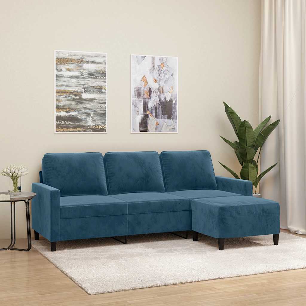 3-Sitzer-Sofa mit Hocker Blau 180 cm Samt